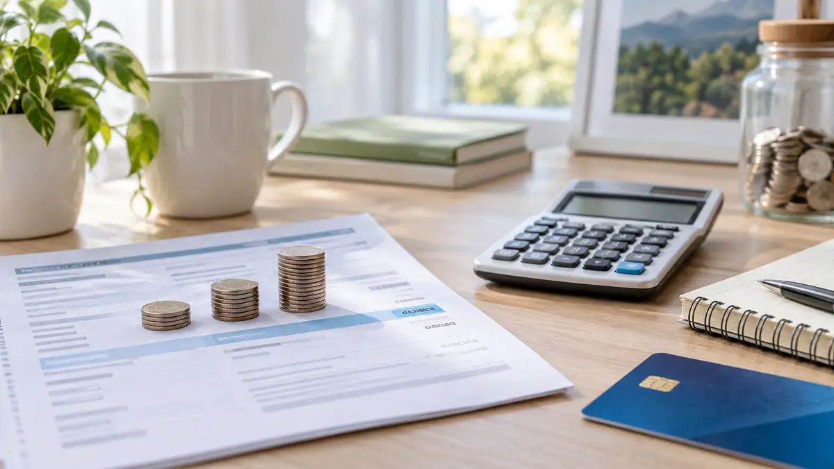 Credit card minimum payments cost shown with a calculator, credit card, and coin stacks