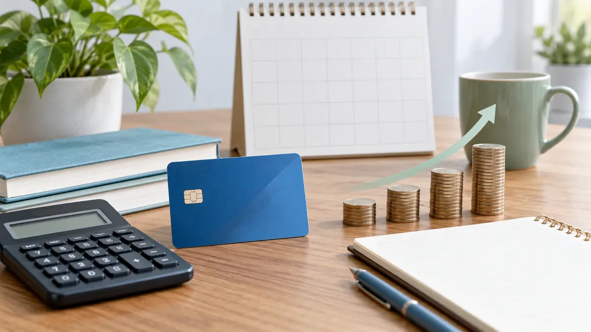 Credit card debt payoff progress with calculator, blank card, calendar, and coin stacks